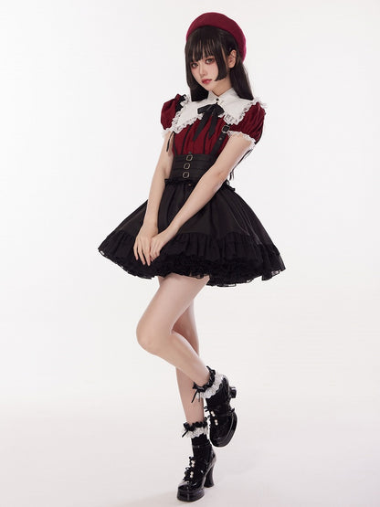 Three Metal Buckles Decorated High Waist Black Jirai Kei Skirt with Removable Straps