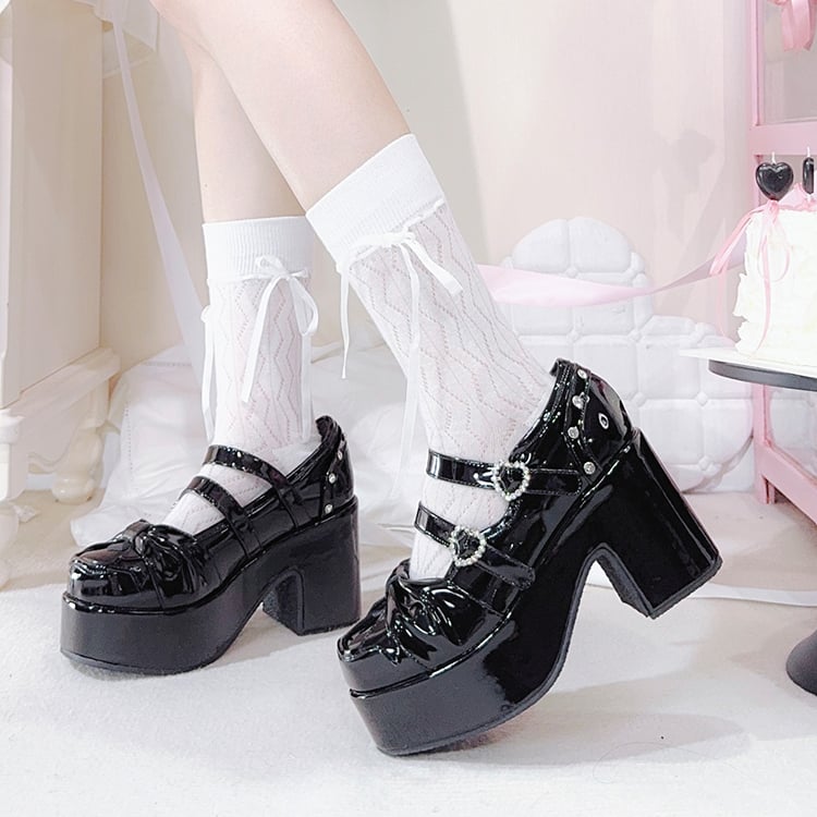 Polished Black Bow at Top Rhinestone Buckles Platform Mary Jane Shoes