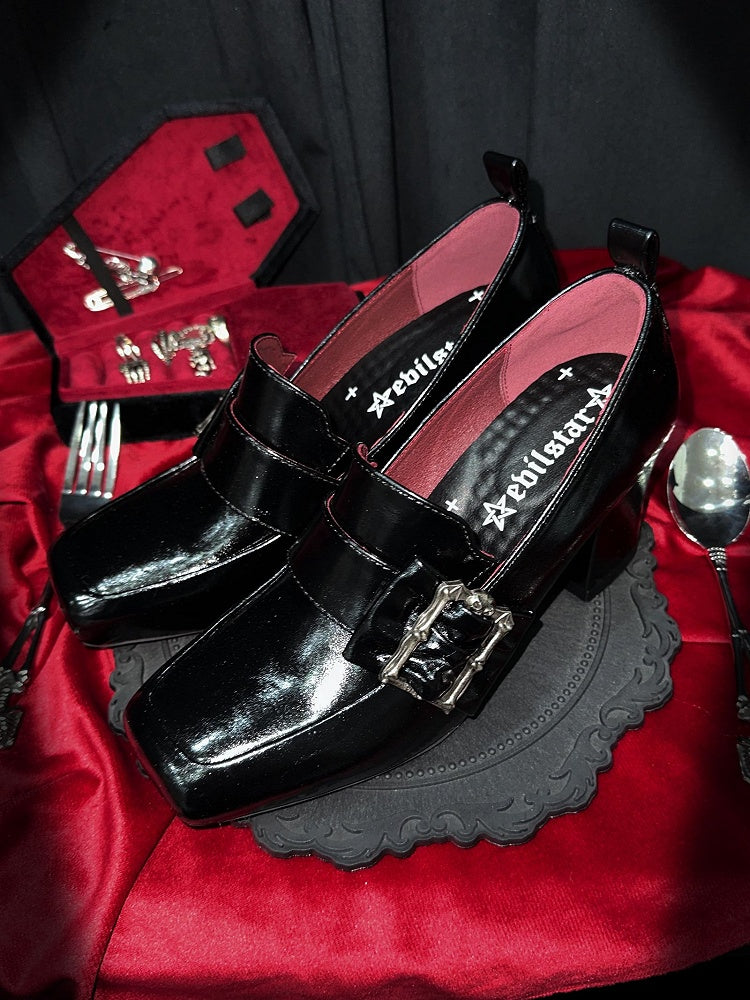 Gothic Polished Black Square Toe High Block Heel Shoes