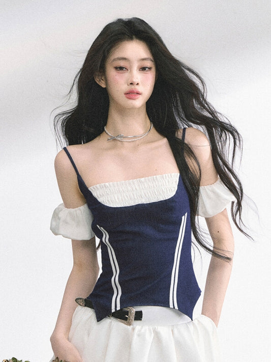 Denim Blue Faux Two-pieces T-shirt Puff Sleeves Top