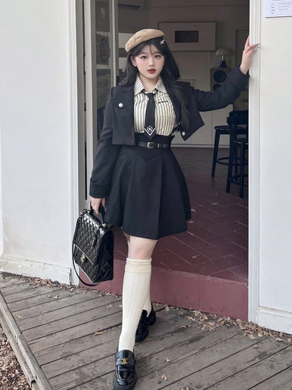 Plus Size - Black Preppy Cropped Blazer Silver-tone Buttons