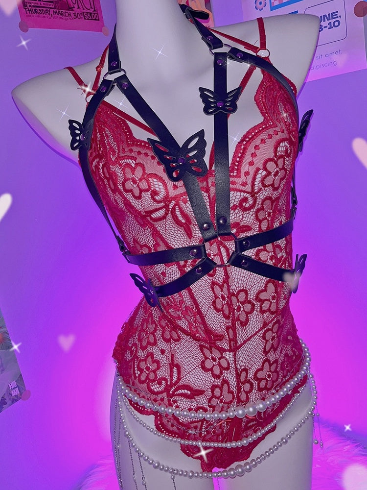 Black Y2K Butterfly Decorated PU Harness Belt