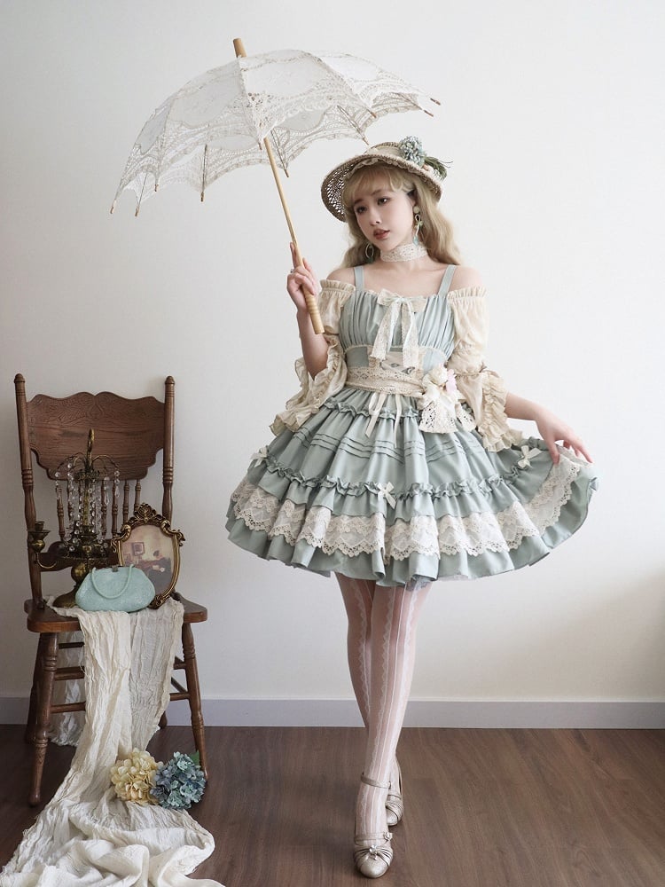 Light Green Pleated and Ruffle Trim Skirt Summer Lolita Jumper Skirt