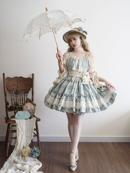 Light Green Pleated and Ruffle Trim Skirt Summer Lolita Jumper Skirt