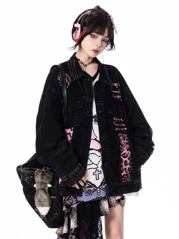 Pink Leopard Pattern Black Shirt Collar Faded Wash Vintage Denim Jacket