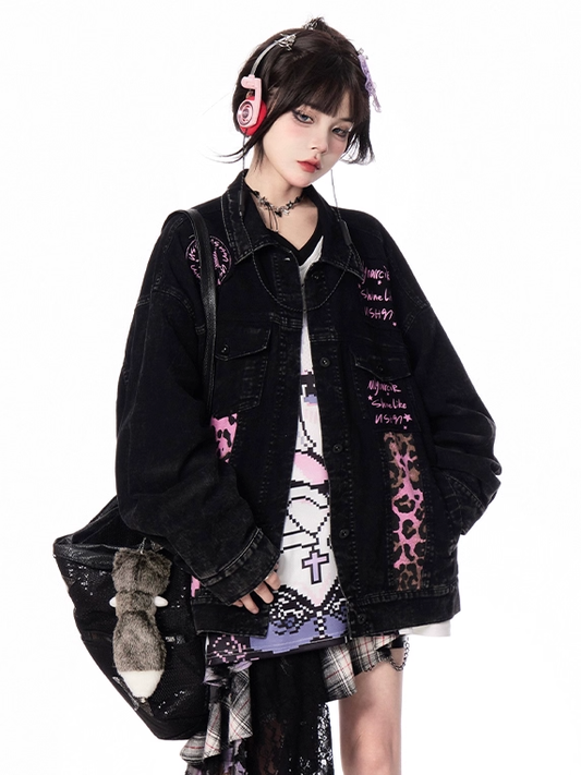 Pink Leopard Pattern Black Shirt Collar Faded Wash Vintage Denim Jacket