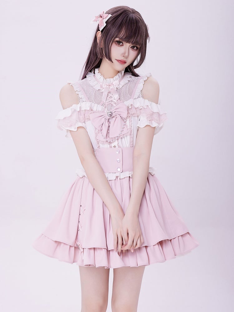 Jirai Kei Open Shoulders White and Pink Sweet Short Sleeves Blouse