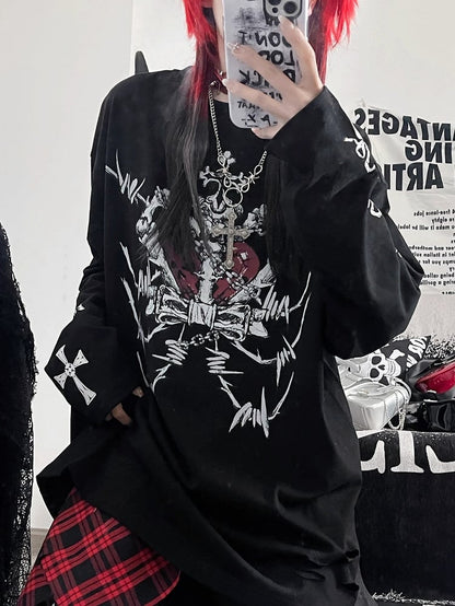 Black Emo Punk Cross And Letter Print Long Sleeves Top
