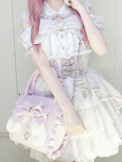 Pink Elegant Lolita Shoulder/Crossbody/Handbag - Plush Bunny Ear Bow, Rhinestone Heart & Beaded Chain Charm