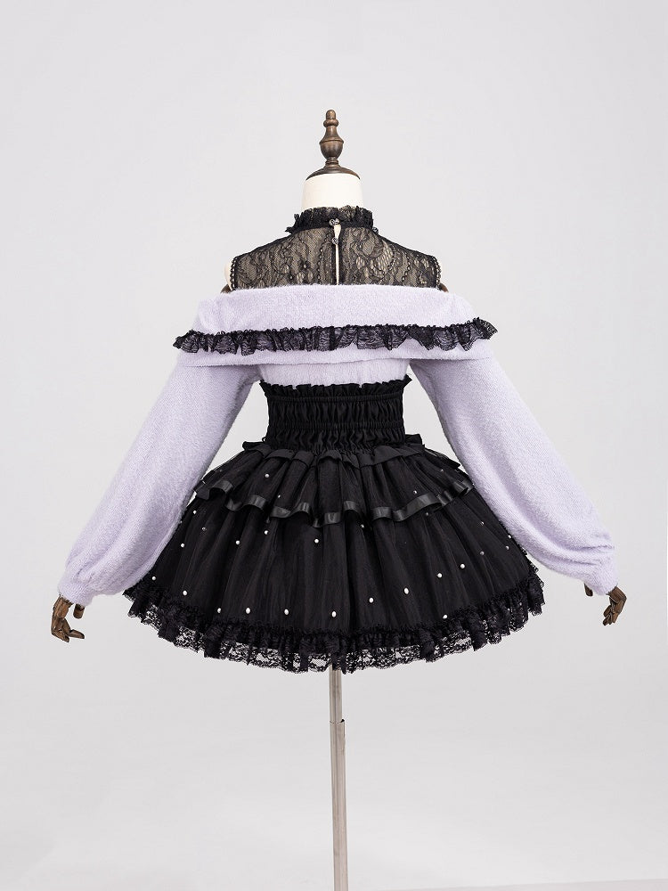 Allover Bead Black High Waist Jirai Kei Skirt with Lace Up and Shirring Waist