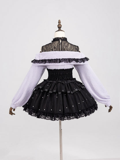 Allover Bead Black High Waist Jirai Kei Skirt with Lace Up and Shirring Waist