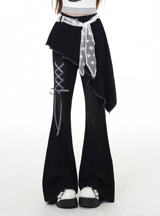 Black Asymmetrical Hem Lace-up Detail Flared Pants Faux Two-Piece with Lace Waist Belt