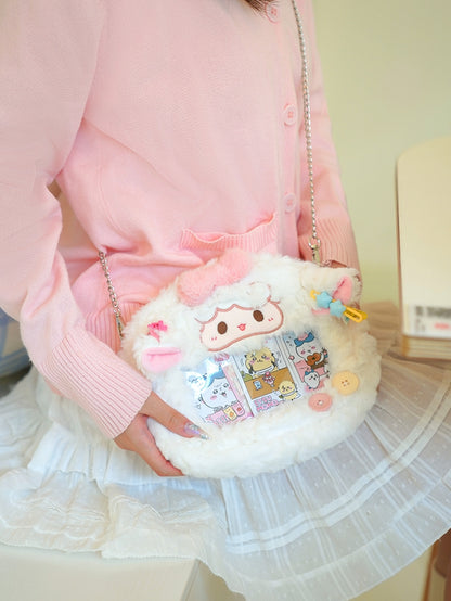 White Bowknot Decorated Cute Plush Lamb Crossbody Ita Bag