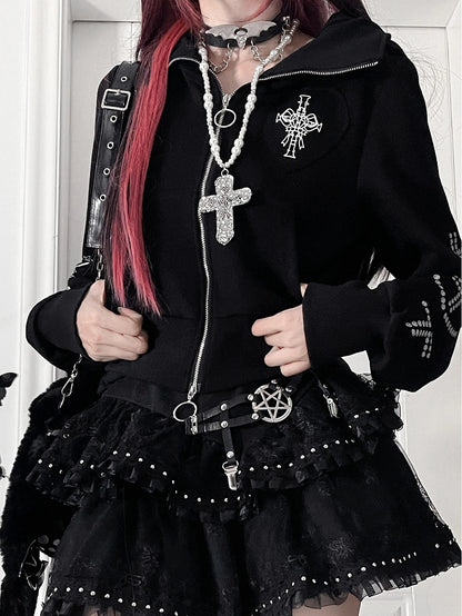 Black Bittersweet Cross And Heart Design Cat Ear Hooded Jacket