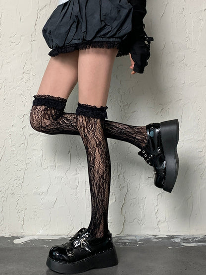 Black Gyaru Fashion Hollow-out Design Ruffled Cuff Overknee Stockings