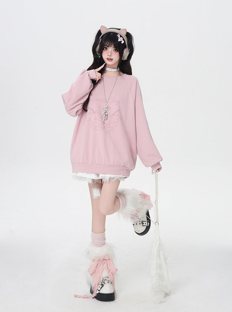 Self-tie Bowknot at Back Pink/Black Round Neck Graphic Sweatshirt