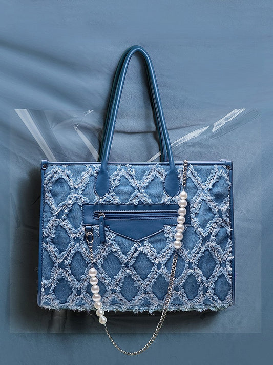Elegant Blue Quilted Tote Bag With Beaded Chain Accent -Spacious Design
