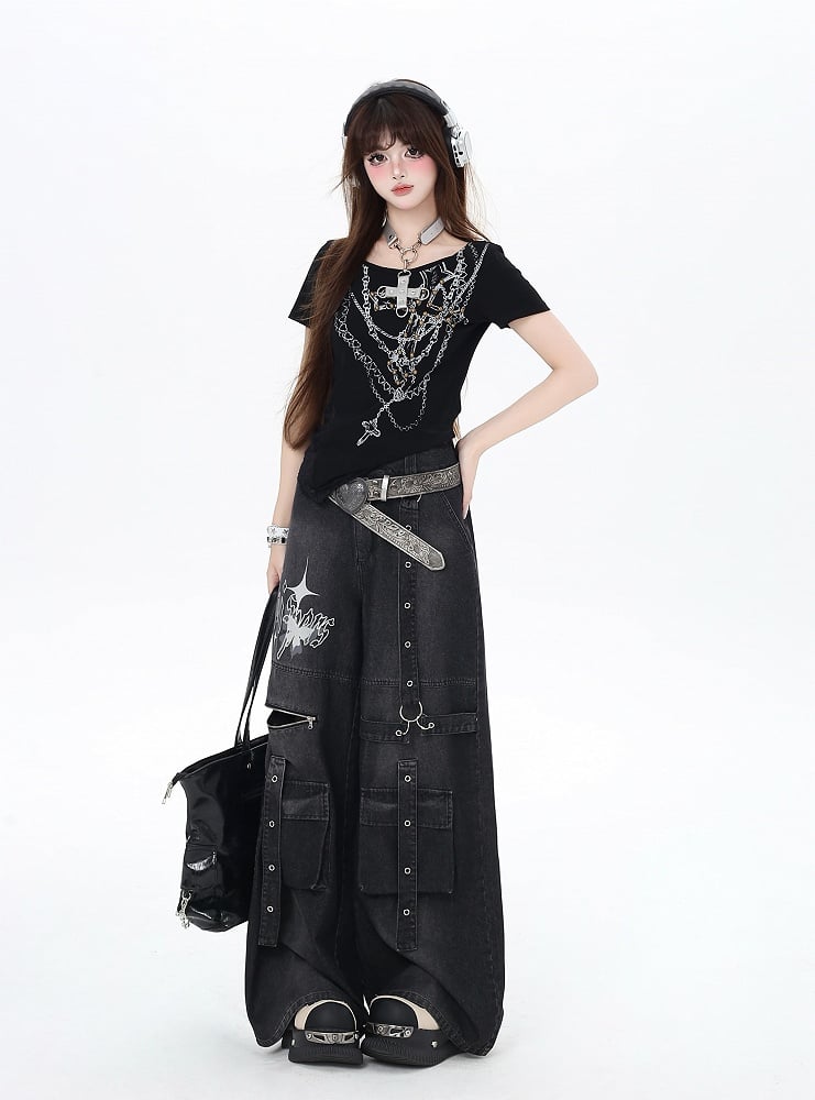 Black Butterfly Print Strap Details Vintage Wide-Leg Cargo Jeans