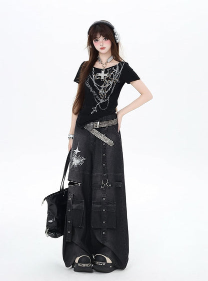 Black Butterfly Print Strap Details Vintage Wide-Leg Cargo Jeans