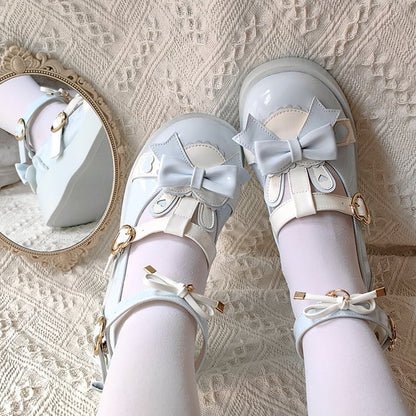 Polished Blue Sweet Lolita Heart Details Bunny Ear Bow at Top T-strap Platforms