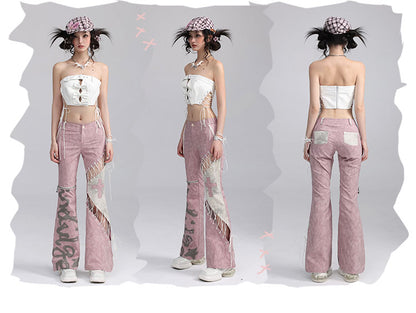 Lace-up Detail Dusty Pink Asymmetrical Flared Pants