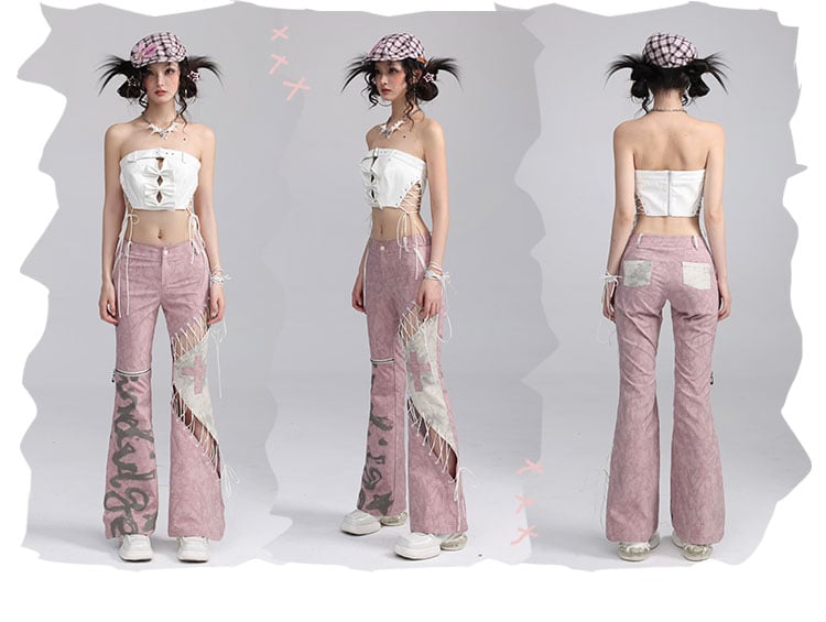 Lace-up Detail Dusty Pink Asymmetrical Flared Pants