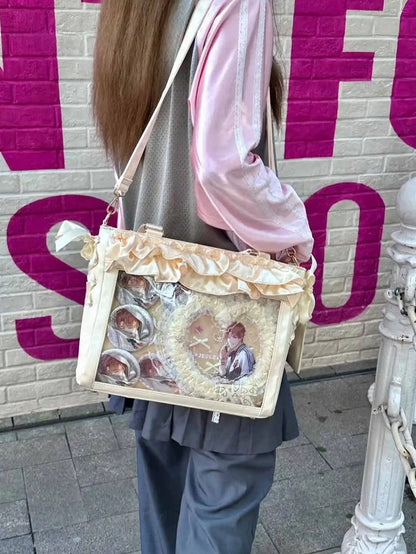 Yellow Satin Ruffle Trims Self-tie Straps Ita Bag With Bow Card Holder