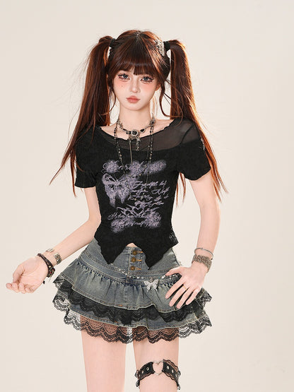 Butterfly Print Curved Hem Black Mesh T-Shirt
