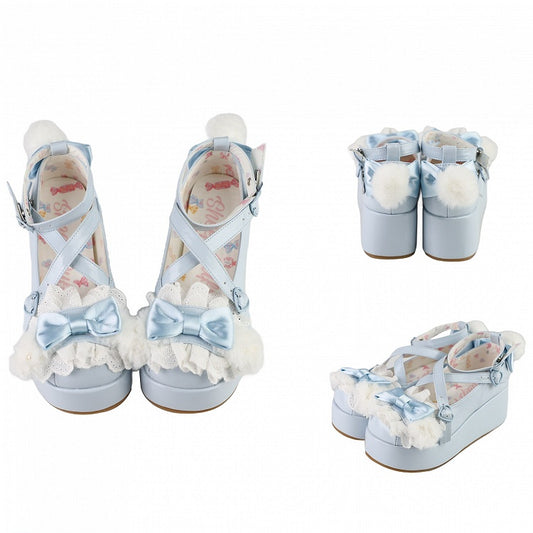Blue Crisscross Design Plush Bunny Ear Decorated Bow at Top Platforms With Pompon