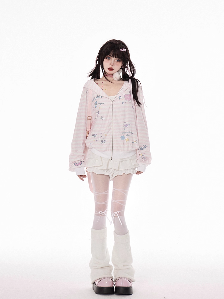 Pink Striped Pattern Y2K Print Zip Closure Hooded Jacket for Autumn