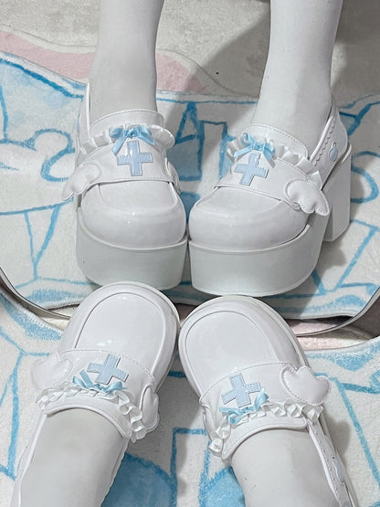 Tenshi Kaiwai Light Blue Yami Kawaii Cross Bowknot Platform Loafers