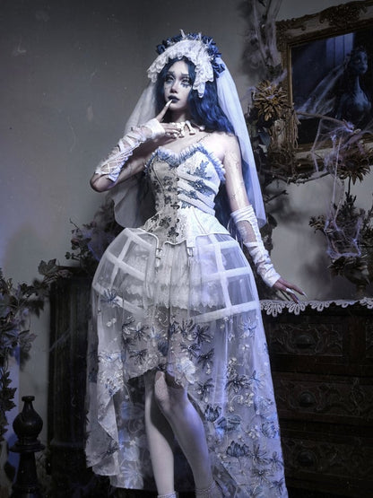 Corpse Bride White High-low Tulle Skirt with Delicate Blue Black Floral Embroidery