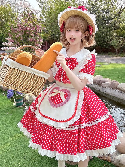 White Polka Dots Red Old School Lolita Peter Pan Collar Dress + Maid Apron + Strawberry Big Bow