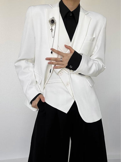 Ouji Lolita White Unisex Blazer with Notched Lapel & Black Buttons Cuffs