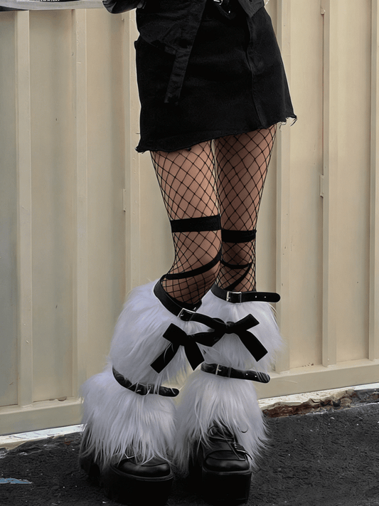 White Plush Leg Warmers With Black Bow Decoration