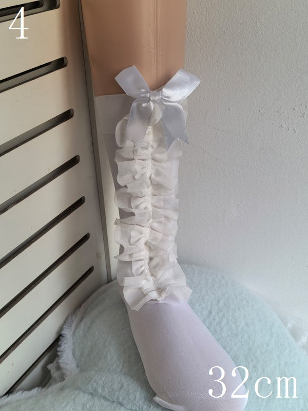 7 Options White/Black Bowknot Details Lace Trim Calf Socks