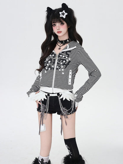 Black and White Stripes Star and Letter Print Zip-up Jacket