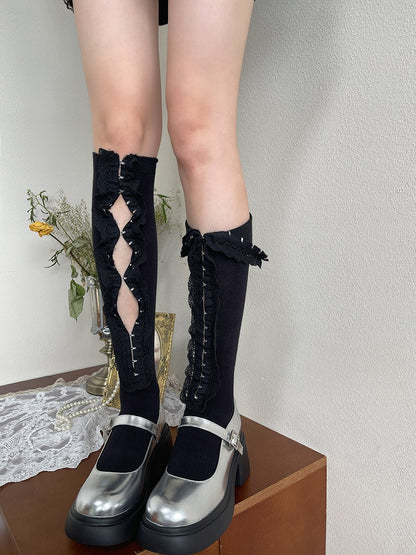 White/Black Ruffle Trim Underknee Stockings