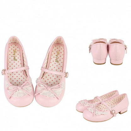 Pink Knotted Bow Accent Lace Trim 2.2CM/4.3CM Heels Round Toe Mary Janes