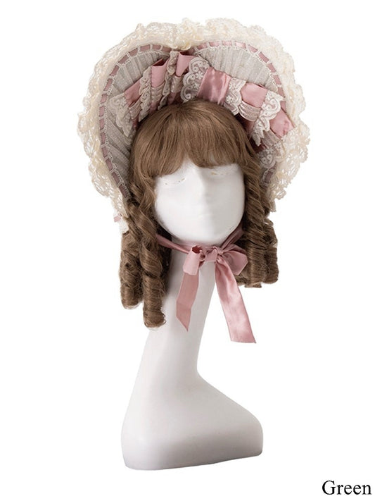 Cream/Green/Pink Lace-Trimmed Sweet Lolita Bonnet with Bows