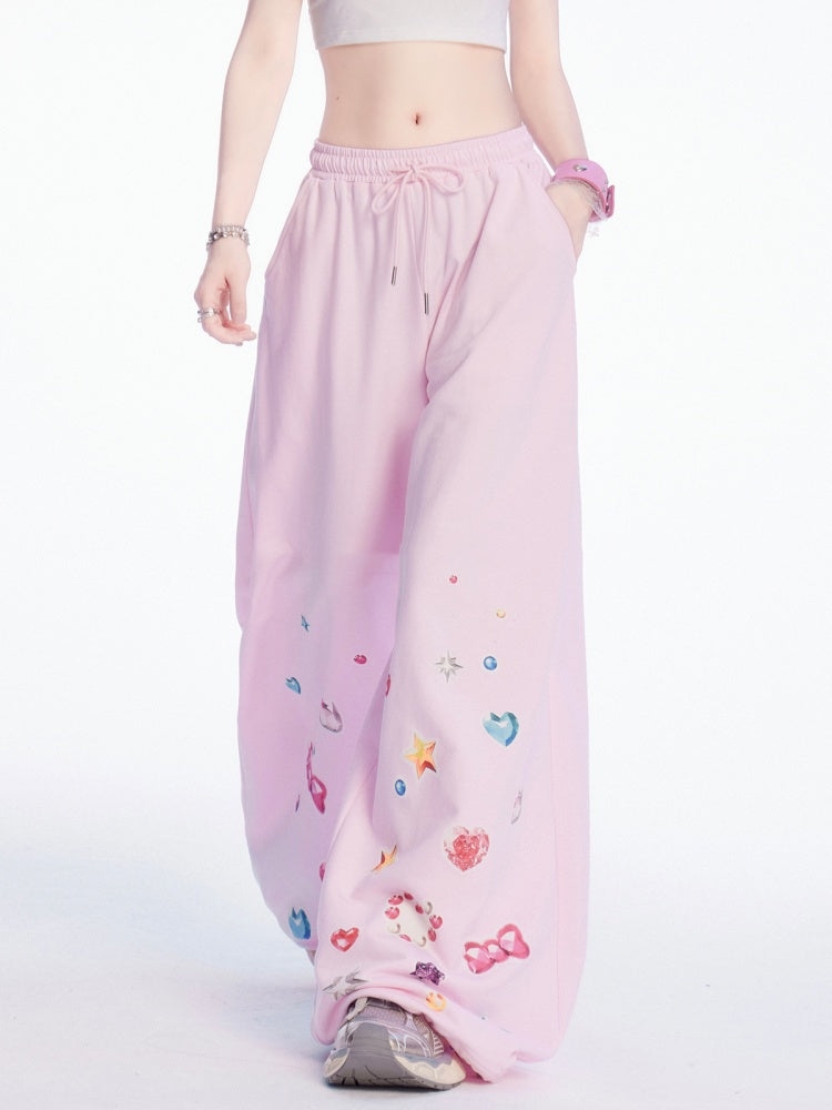 Adorable Print Pink Drawstring Waist Wide-Leg Casual Pants