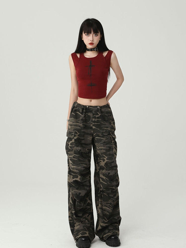 Gothic Wine Red Cross Print Backless Glamorous Cropped Sleeveless Top