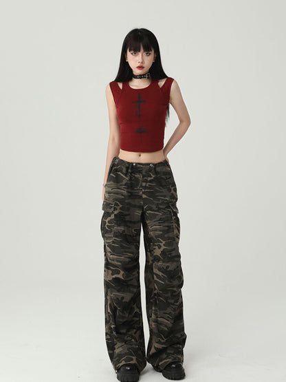 Gothic Wine Red Cross Print Backless Glamorous Cropped Sleeveless Top