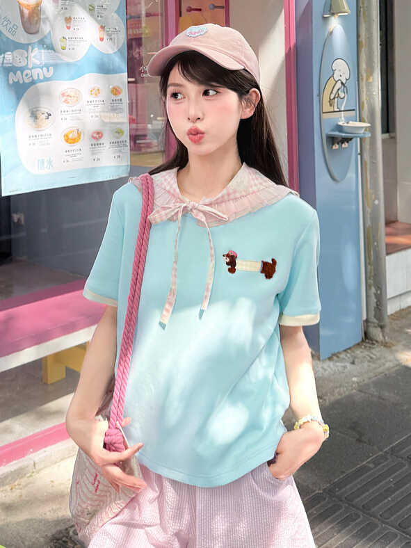 Cute Dachshund Embroidery Mint Green Round Neck T-shirt