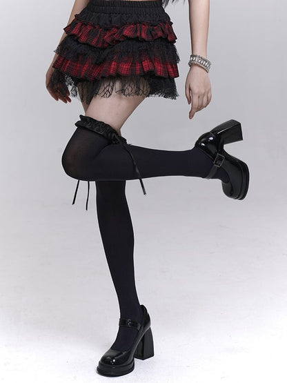 Red and Black Plaid Elastic Waist Lace Trim Mini Tiered Skirt Bloomers Lining