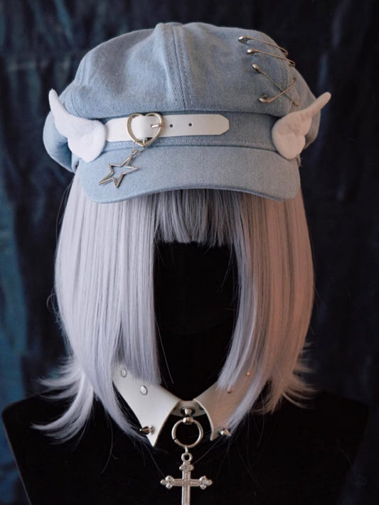 Handmade Heart Buckle and Wings Light Blue Denim Hat