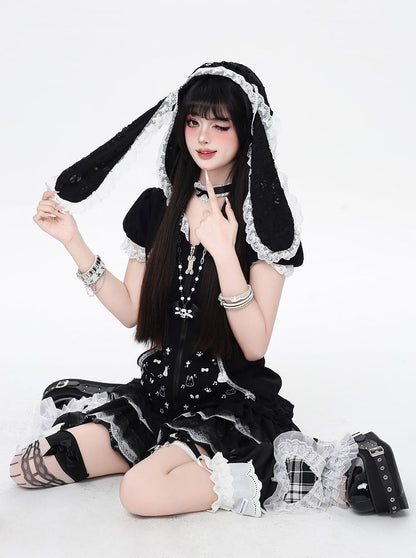 Bunny Ears Design Hood Lace Trim Black/White Jirai Kei Zip-up Jacket