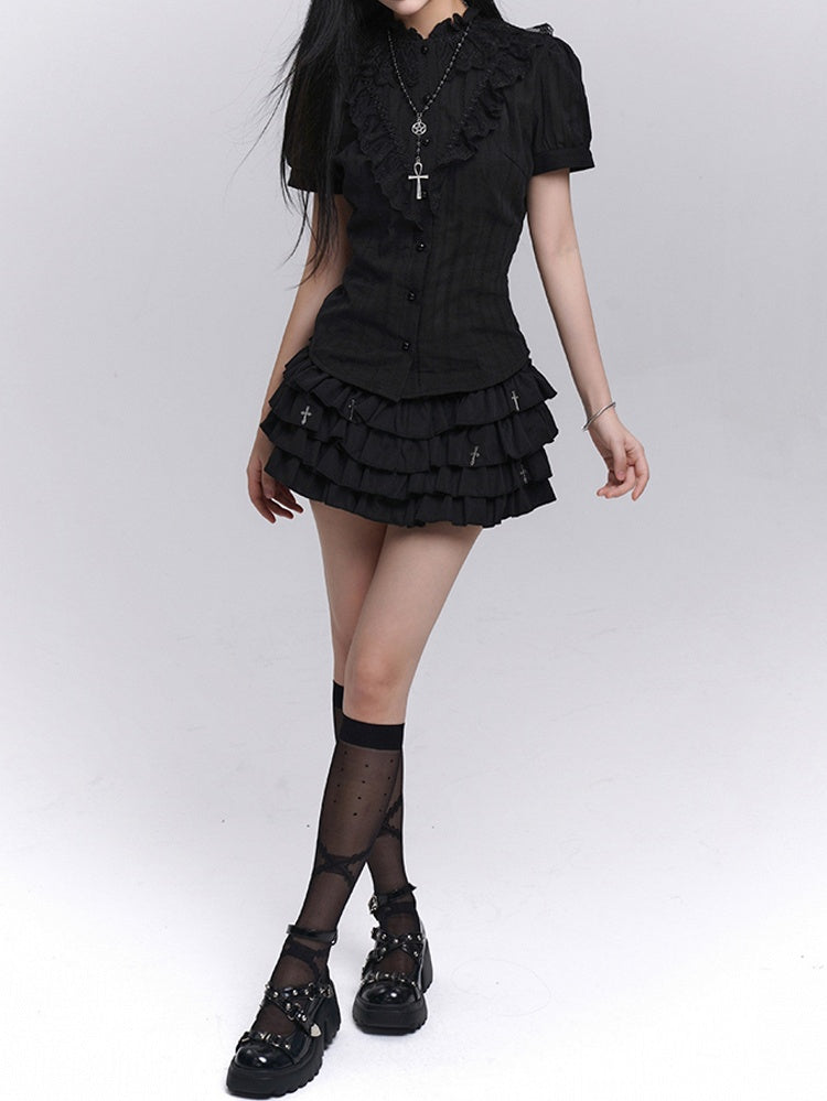 Black Lace Trim Short Sleeves Gothic Blouse