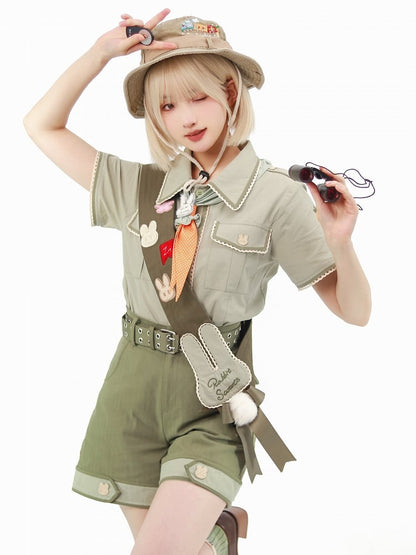 Bunny Ouji Fashion Set -Green Shirt with Carrot Tie + Shorts with Waist Belt and Plush Tail