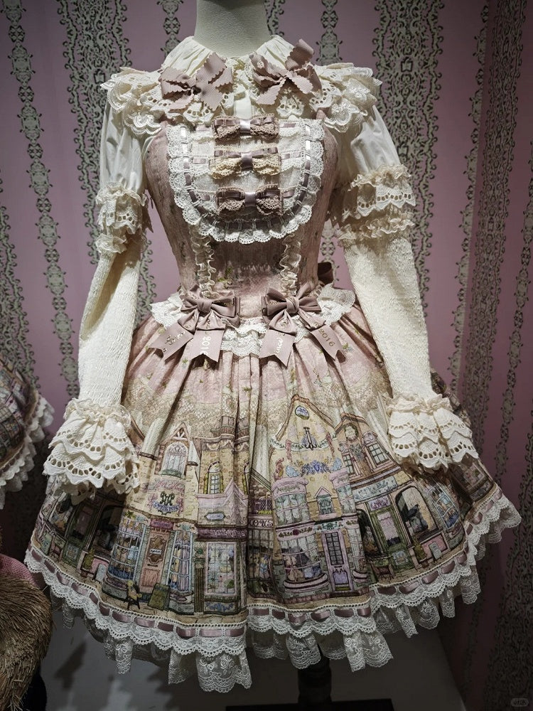 Pink Flutter Sleeves Sweet Lolita JSK Dress with Fairytale Town Print and Bow Accents